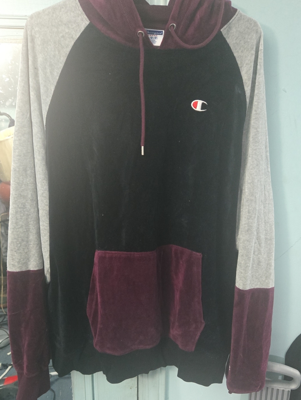 Champion Black & Burgundy Velvet Colorblock Hoodie